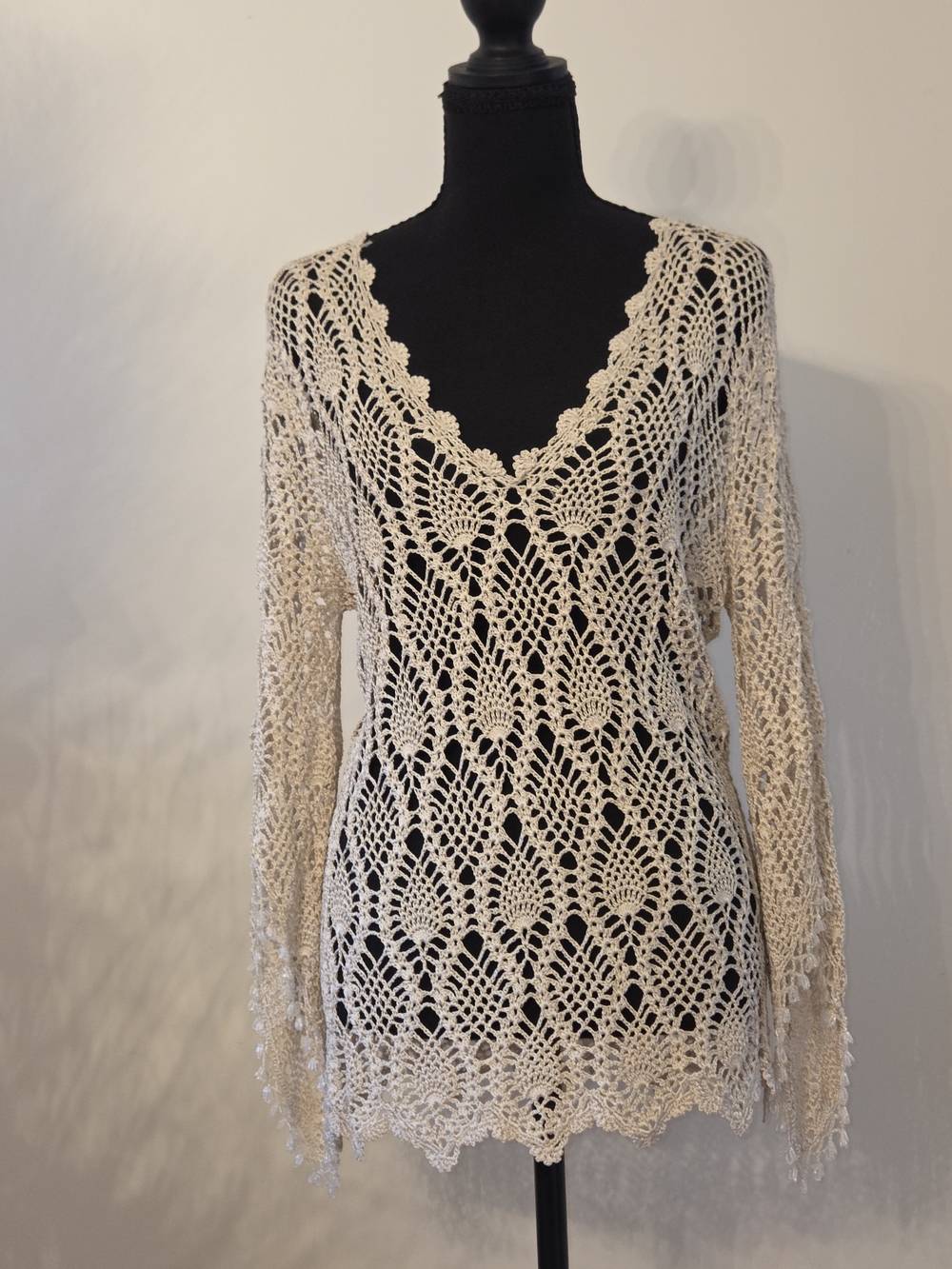 Cream Crochet Handknit V-Neck Top